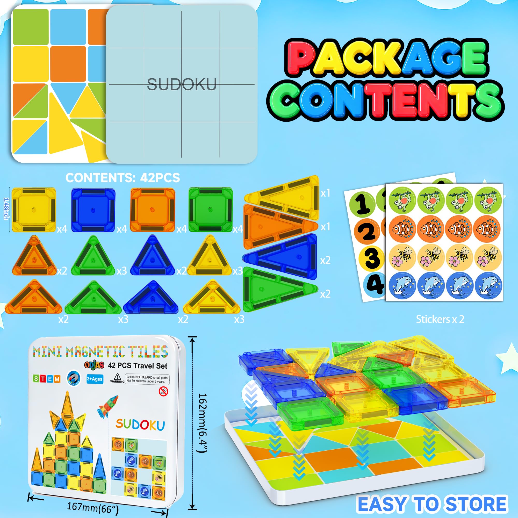 Odjas Mini Magnetic Tiles Travel Set 42-Piece with Case, Bonus Sudoku Game, STEM Learning Toy for On-the-Go Play