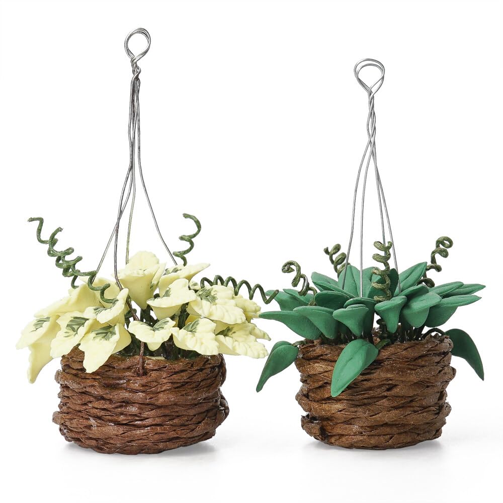 Odoria 1/12 Miniature Hanging Plants - 2 Resin Potted Plants for Dollhouse Decor