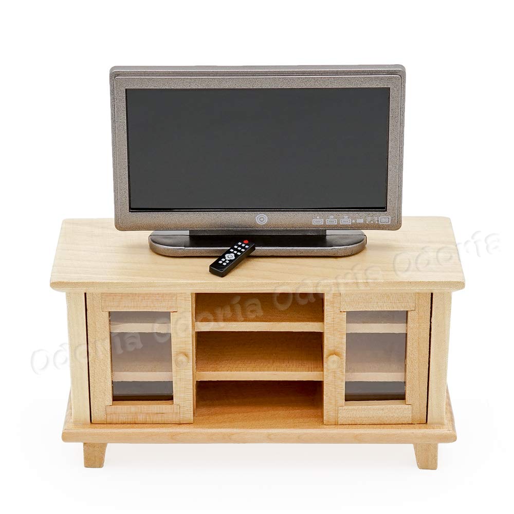 Odoria 1/12 Miniature TV Stand with TV and Remote for Dollhouse Living Room, Burlywood