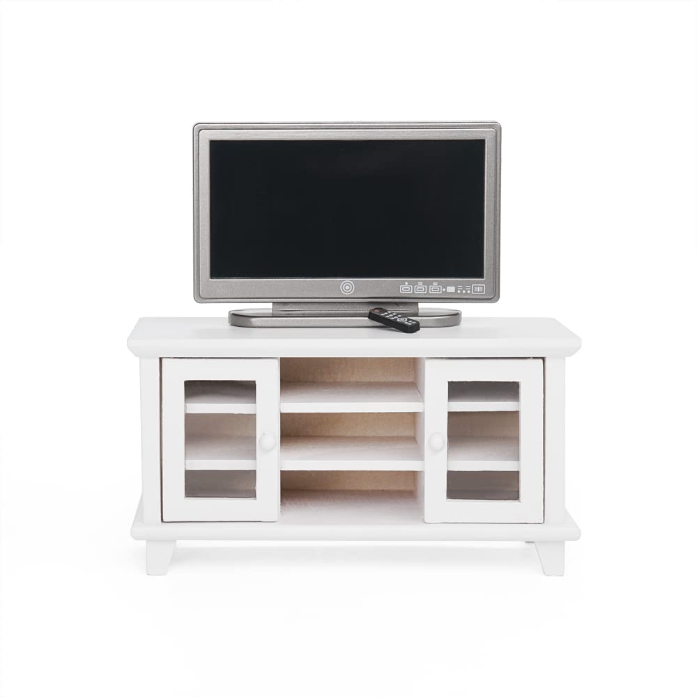 Odoria 1/12 Scale Dollhouse TV Stand with Television – White Miniature Living Room Furniture