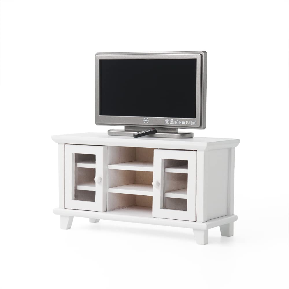 Odoria 1/12 Scale Dollhouse TV Stand with Television – White Miniature Living Room Furniture