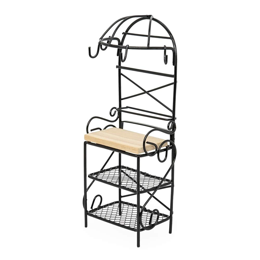Odoria 1/12 Scale Miniature Bakers Rack - Black Metal & Wood Dollhouse Kitchen Decor