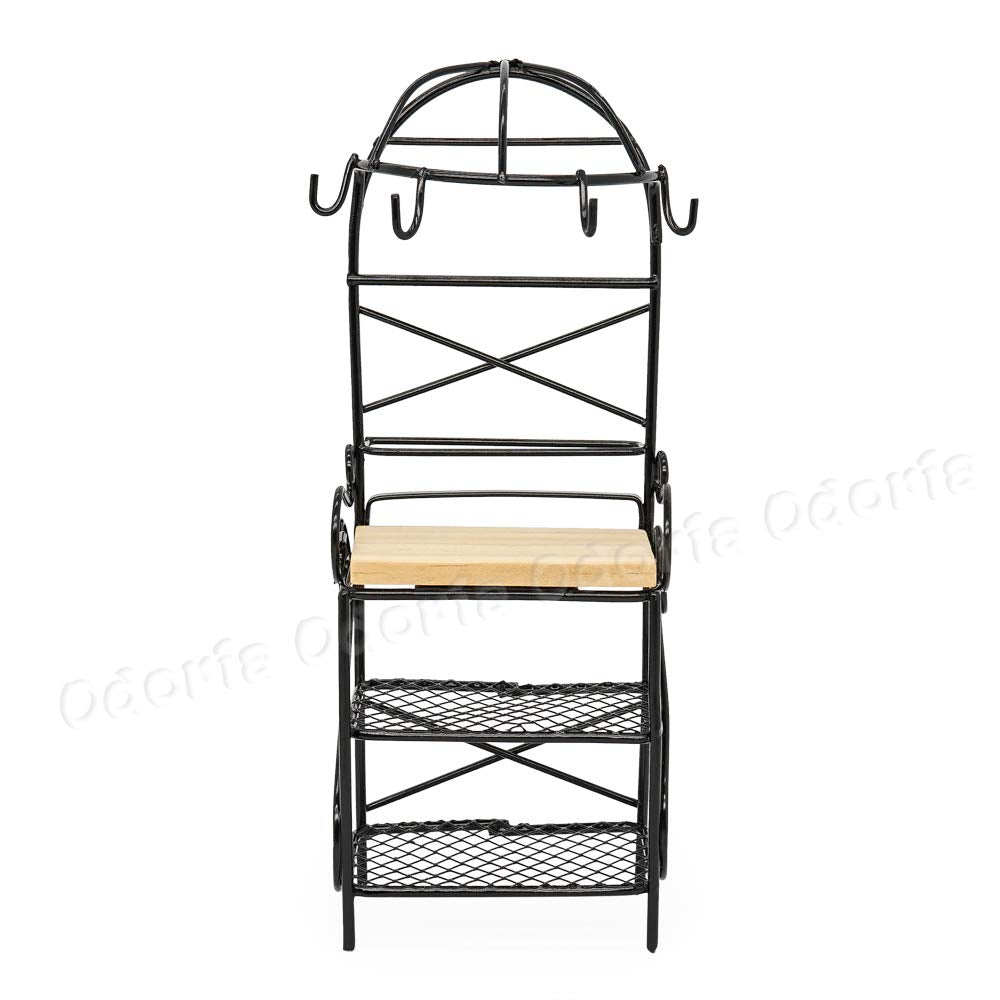 Odoria 1/12 Scale Miniature Bakers Rack - Black Metal & Wood Dollhouse Kitchen Decor