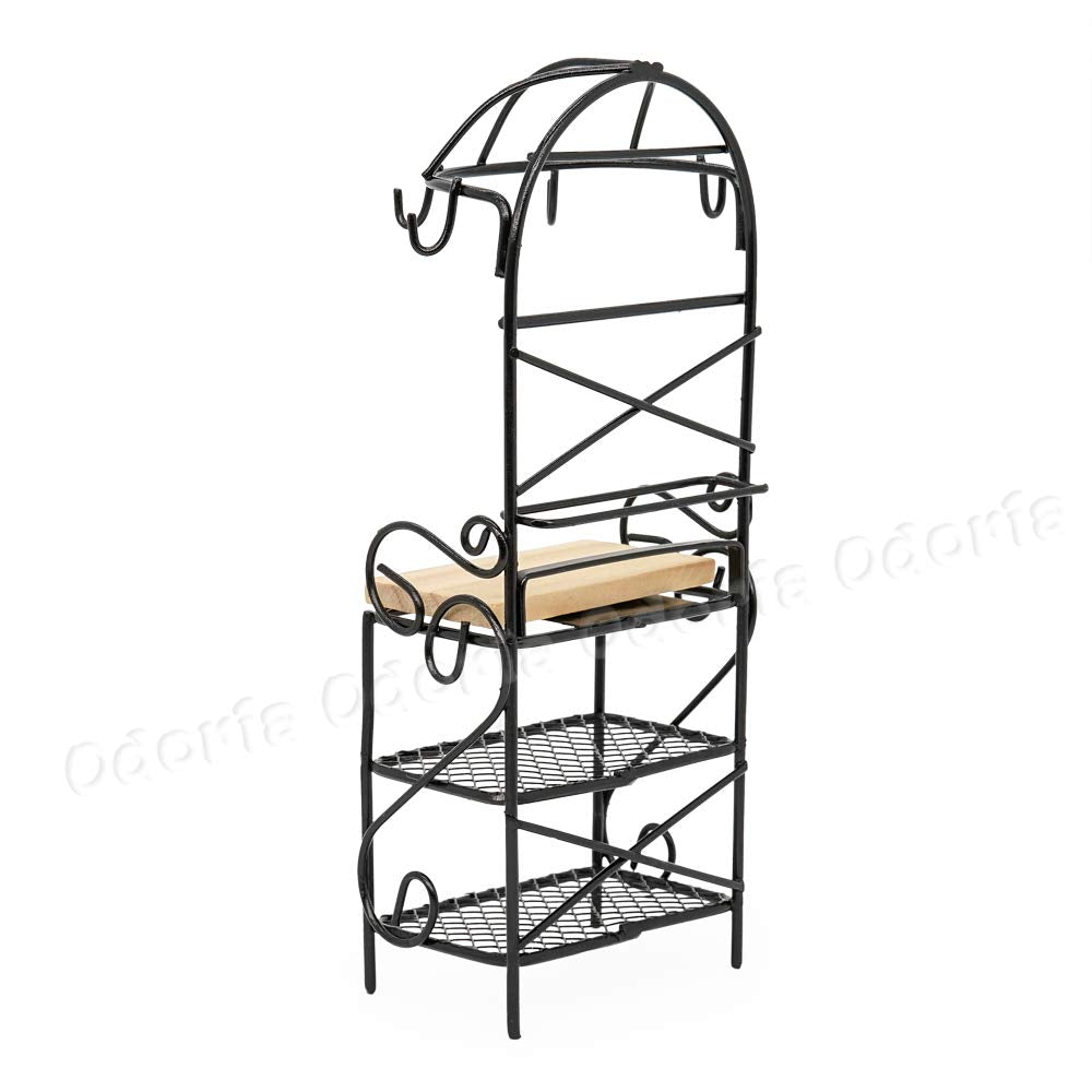 Odoria 1/12 Scale Miniature Bakers Rack - Black Metal & Wood Dollhouse Kitchen Decor