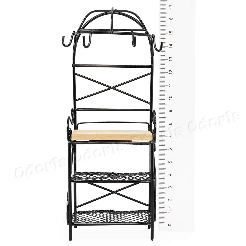 Odoria 1/12 Scale Miniature Bakers Rack - Black Metal & Wood Dollhouse Kitchen Decor