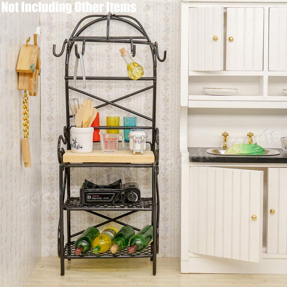 Odoria 1/12 Scale Miniature Bakers Rack - Black Metal & Wood Dollhouse Kitchen Decor