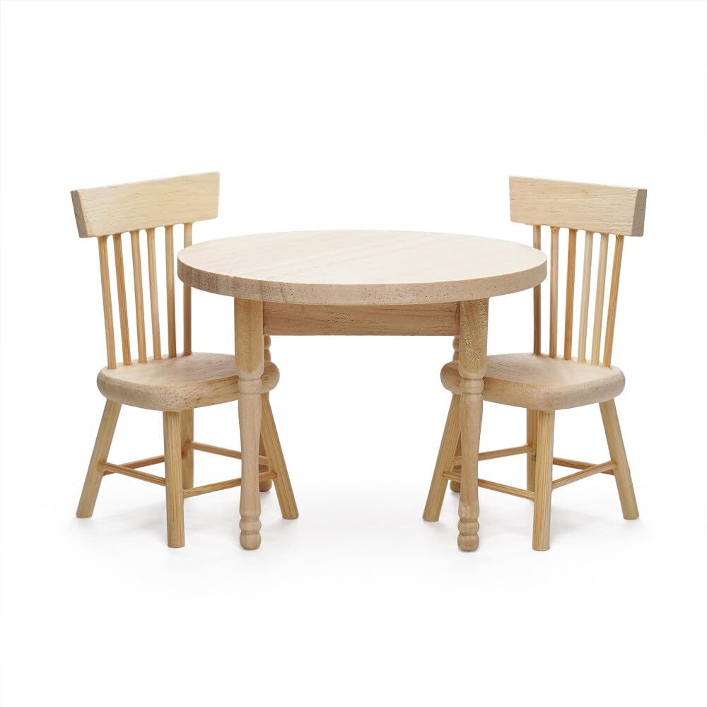Odoria 1:12 Scale Miniature Wooden Dining Table & 2 Chairs for Dollhouse Kitchen - Unpainted Burlywood