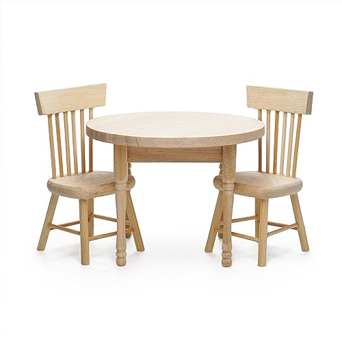 Odoria 1:12 Scale Miniature Wooden Dining Table & 2 Chairs for Dollhouse Kitchen - Unpainted Burlywood