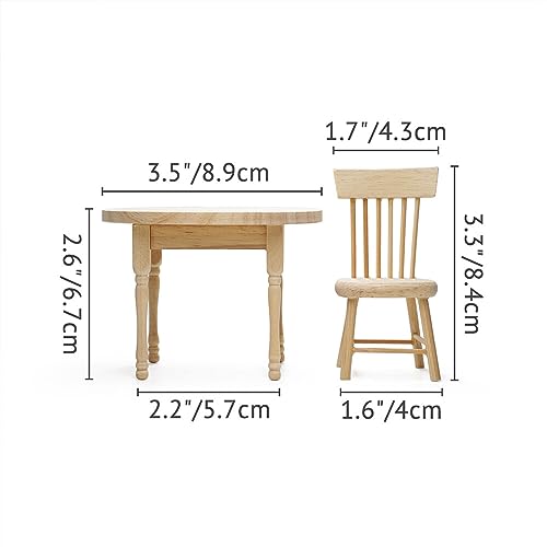 Odoria 1:12 Scale Miniature Wooden Dining Table & 2 Chairs for Dollhouse Kitchen - Unpainted Burlywood