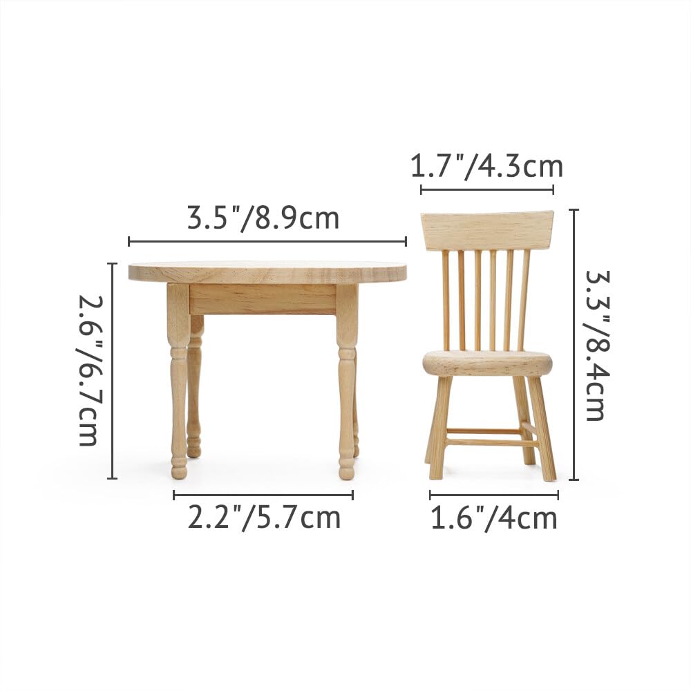 Odoria 1:12 Scale Miniature Wooden Dining Table & 2 Chairs for Dollhouse Kitchen - Unpainted Burlywood