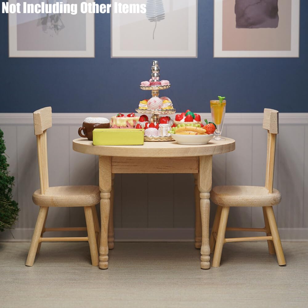 Odoria 1:12 Scale Miniature Wooden Dining Table & 2 Chairs for Dollhouse Kitchen - Unpainted Burlywood