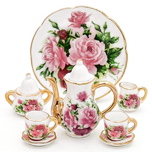 Odoria 1/6 Scale Porcelain Tea Set 8 Pieces for Dollhouse – Red Rose Design