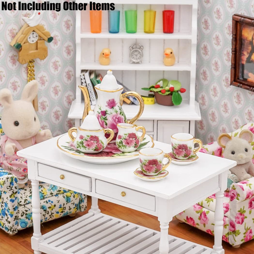 Odoria 1/6 Scale Porcelain Tea Set 8 Pieces for Dollhouse – Red Rose Design