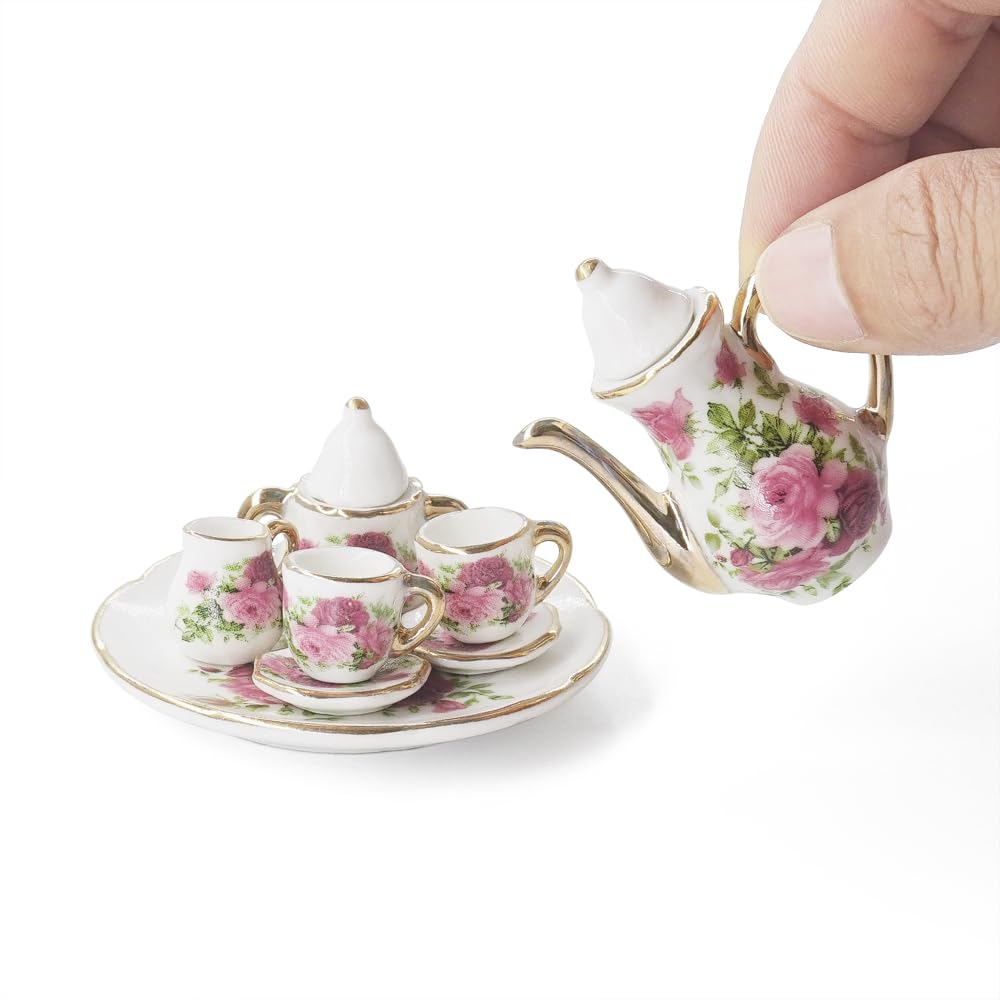 Odoria 1/6 Scale Porcelain Tea Set 8 Pieces for Dollhouse – Red Rose Design