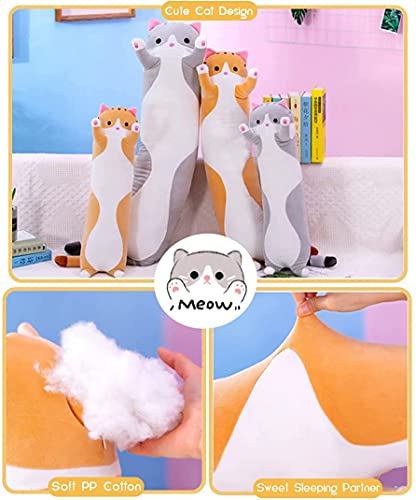 Oeonuas 19-Inch Gray Cat Plush Pillow – Long Body Cuddle Toy for Kids
