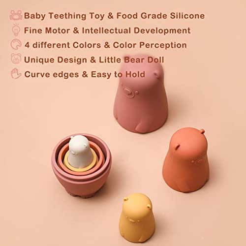 OESSUF Silicone Russian Nesting Dolls – 4-Piece Bear Matryoshka Toy for Toddlers (Red)