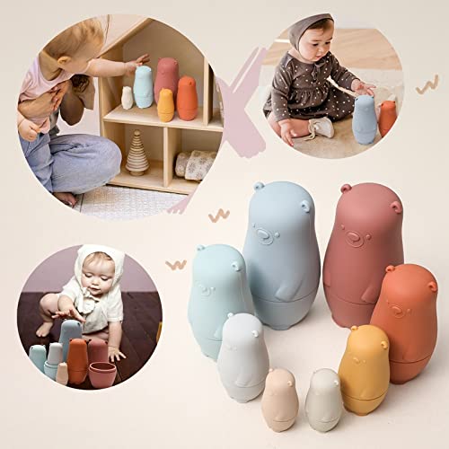 OESSUF Silicone Russian Nesting Dolls – 4-Piece Bear Matryoshka Toy for Toddlers (Red)