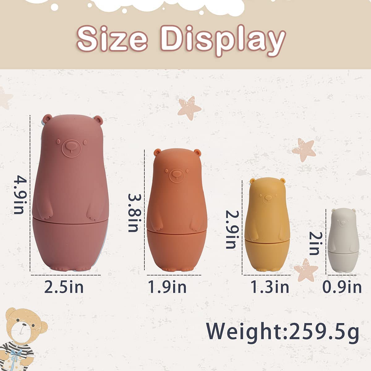 OESSUF Silicone Russian Nesting Dolls – 4-Piece Bear Matryoshka Toy for Toddlers (Red)