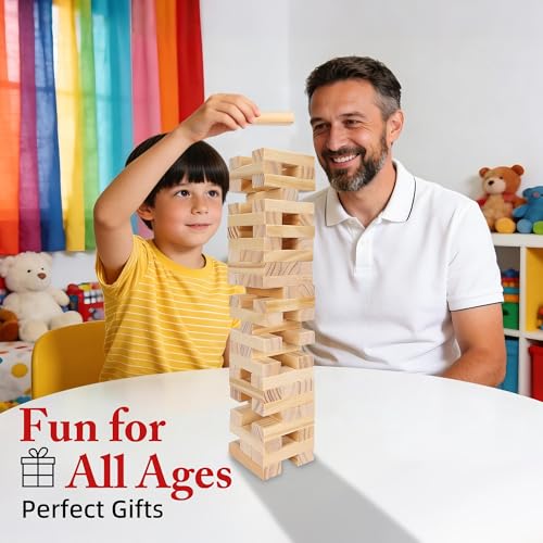 Offelec 54-Piece Wooden Blocks Stacking Game – Classic Tumbling Tower for Kids & Adults, Family Board Game with Natural Hardwood Blocks, Portable Party Game