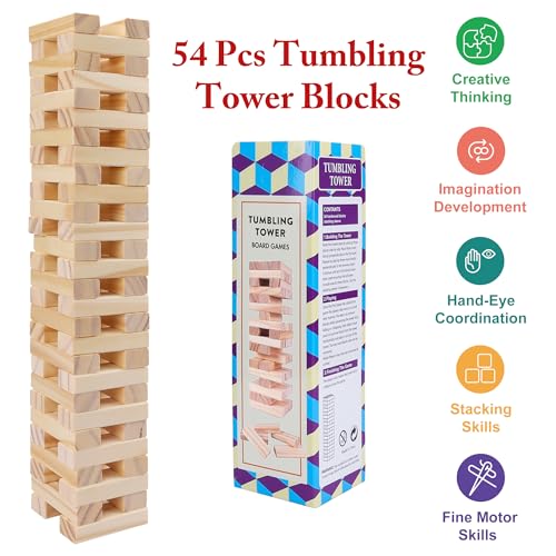 Offelec 54-Piece Wooden Blocks Stacking Game – Classic Tumbling Tower for Kids & Adults, Family Board Game with Natural Hardwood Blocks, Portable Party Game