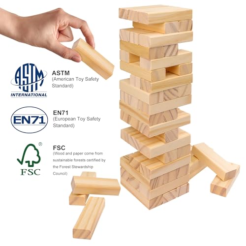 Offelec 54-Piece Wooden Blocks Stacking Game – Classic Tumbling Tower for Kids & Adults, Family Board Game with Natural Hardwood Blocks, Portable Party Game