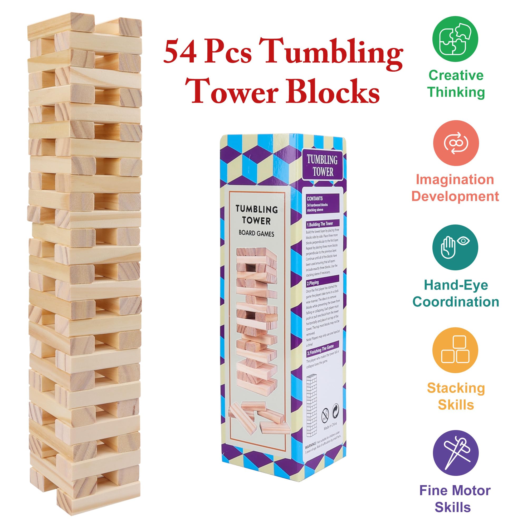 Offelec 54-Piece Wooden Blocks Stacking Game – Classic Tumbling Tower for Kids & Adults, Family Board Game with Natural Hardwood Blocks, Portable Party Game