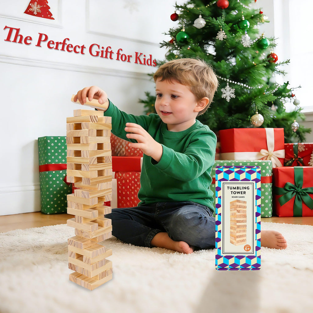 Offelec 54-Piece Wooden Blocks Stacking Game – Classic Tumbling Tower for Kids & Adults, Family Board Game with Natural Hardwood Blocks, Portable Party Game