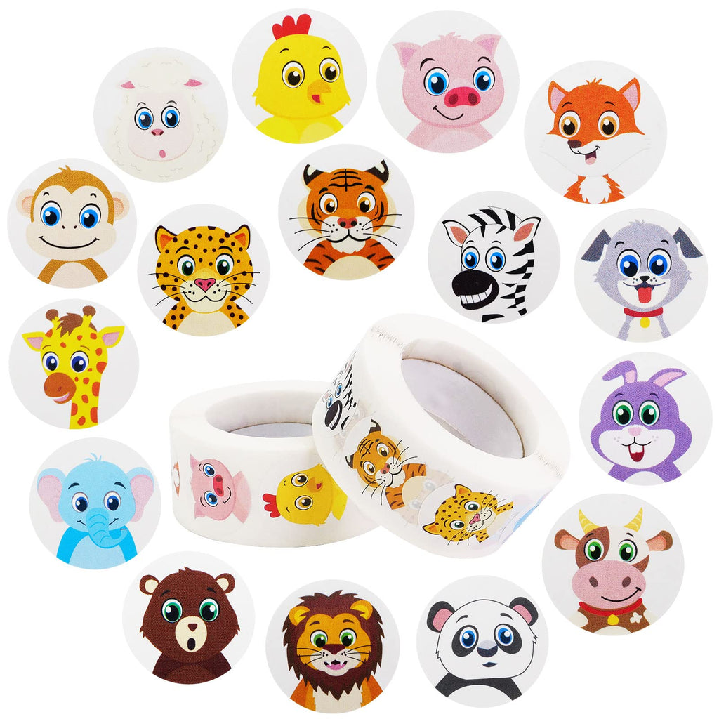 OFOWOL 1000 Cute Animal Stickers - 2 Rolls, 16 Designs, 1 Inch - Perfect for Classroom Rewards & Crafts