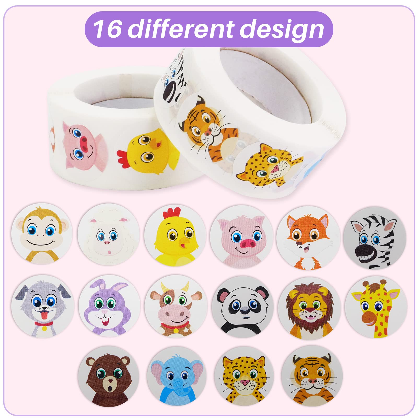 OFOWOL 1000 Cute Animal Stickers - 2 Rolls, 16 Designs, 1 Inch - Perfect for Classroom Rewards & Crafts