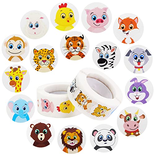 OFOWOL 1000 Cute Animal Stickers - 2 Rolls, 16 Designs, 1 Inch - Perfect for Classroom Rewards & Crafts