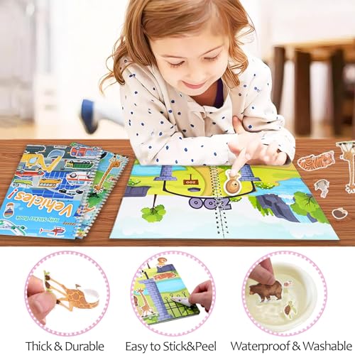 OIBUTUR Reusable Jelly Sticker Book for Toddlers 2-4 - 51 Animal Stickers, Silicone Travel Activities for Plane