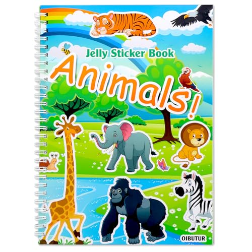 OIBUTUR Reusable Jelly Sticker Book for Toddlers 2-4 - 51 Animal Stickers, Silicone Travel Activities for Plane