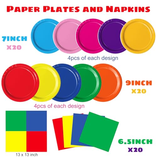 Oigco 60 PCS Colorful Paper Plates and Napkins Set – Pastel Rainbow Disposable Tableware for Parties, Birthdays, Baby Showers