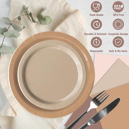 Oigco 60-Piece Brown Boho Paper Plates and Napkins Set – Gradient Dinner & Dessert Plates for Baby Shower, Birthday, Wedding Party Supplies