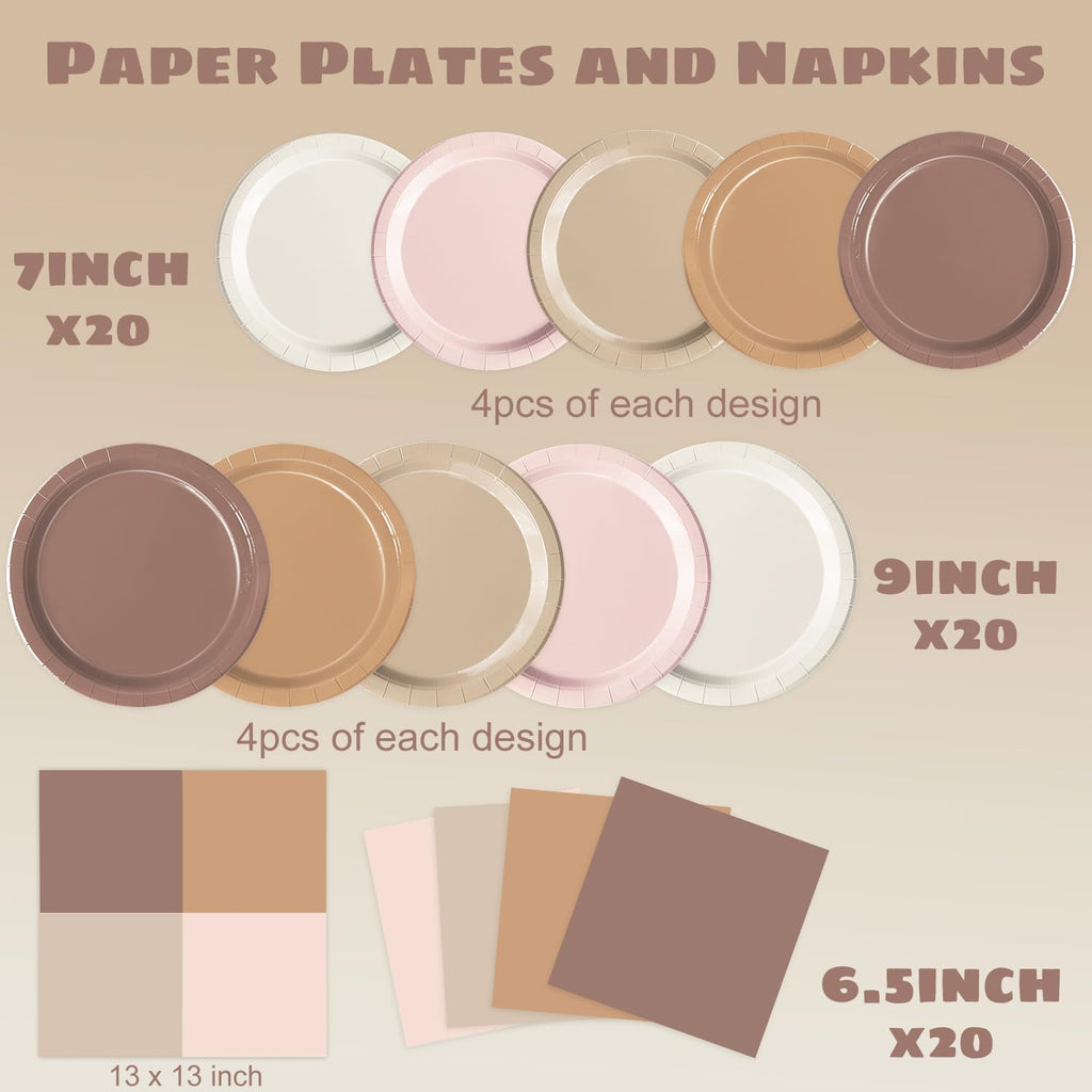 Oigco 60-Piece Brown Boho Paper Plates and Napkins Set – Gradient Dinner & Dessert Plates for Baby Shower, Birthday, Wedding Party Supplies