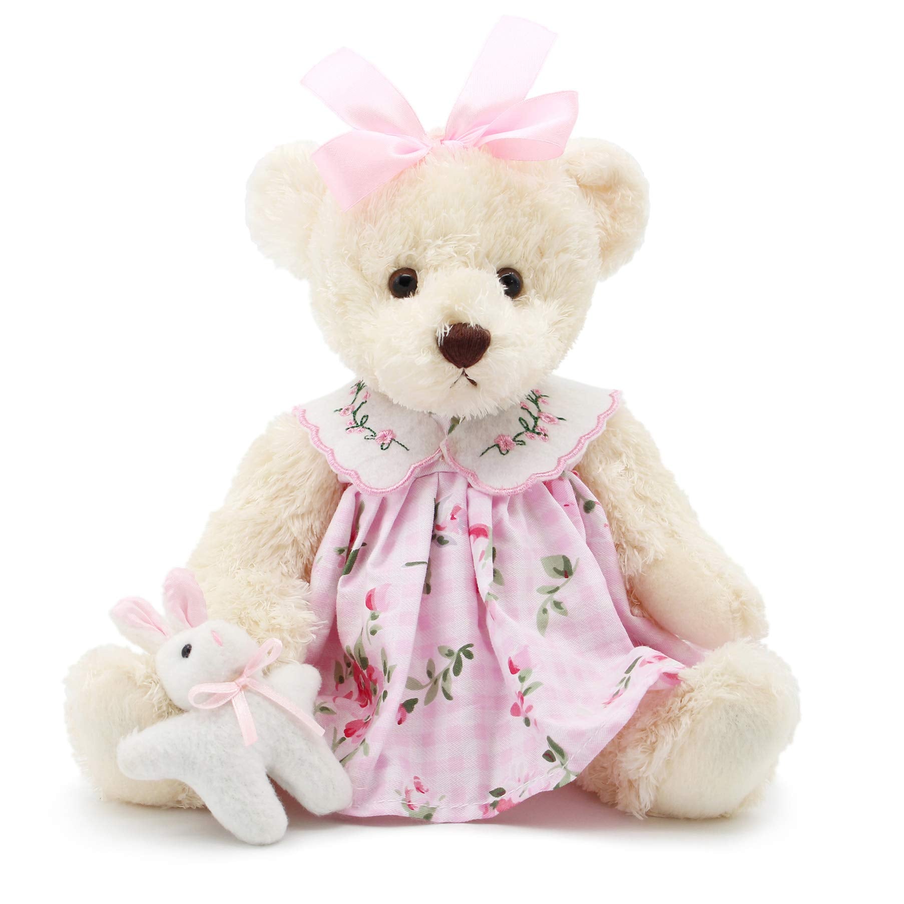 Oitscute 10" Plush Teddy Bear in Pink Dress with Rabbit Design – Soft Stuffed Animal for Ages 1+