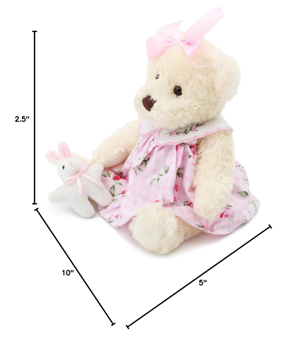 Oitscute 10" Plush Teddy Bear in Pink Dress with Rabbit Design – Soft Stuffed Animal for Ages 1+