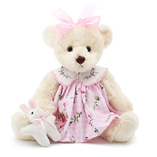 Oitscute 10" Plush Teddy Bear in Pink Dress with Rabbit Design – Soft Stuffed Animal for Ages 1+