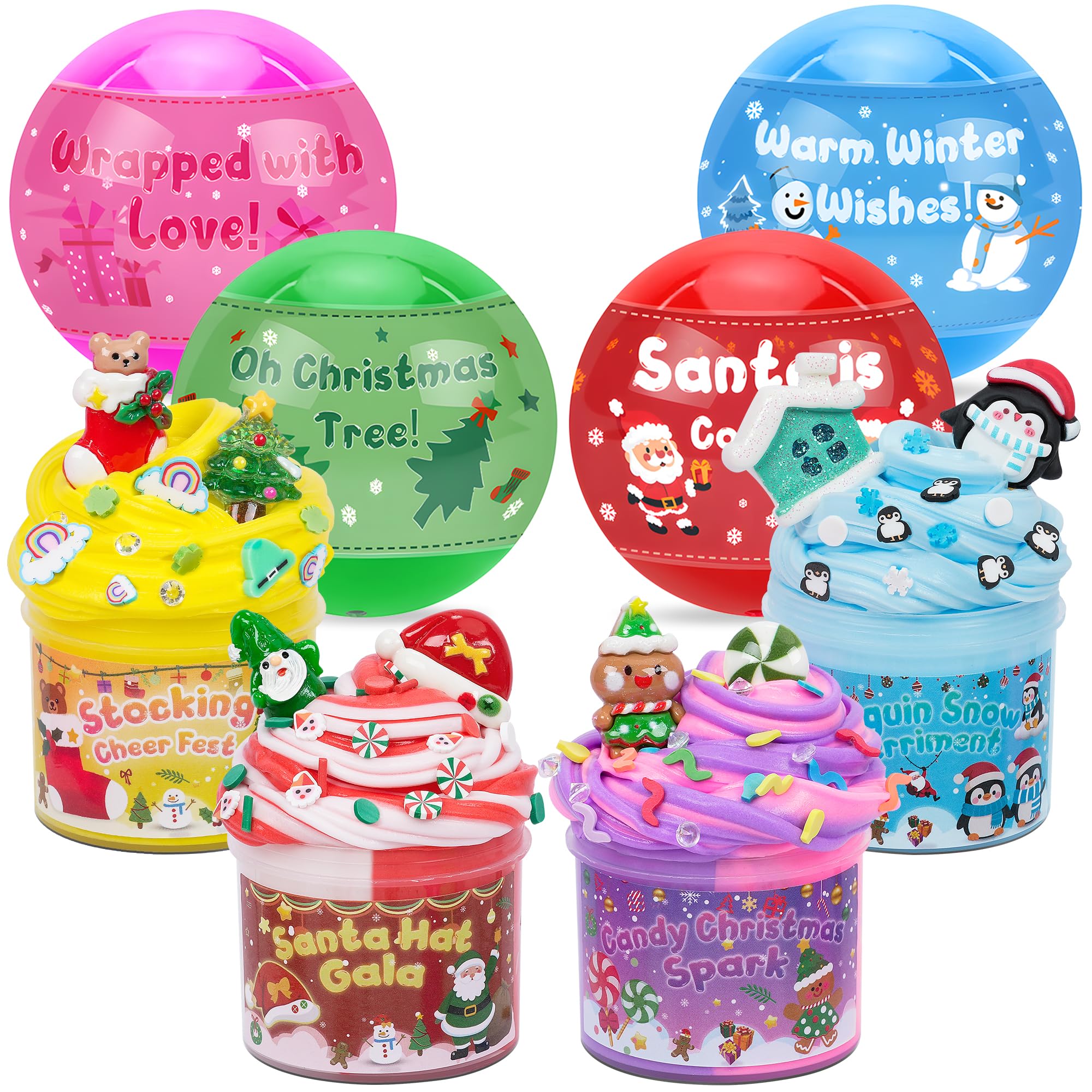Okaybee 4 Pack Christmas Slime Balls with Charms - Holiday Themed Slime Kit for Kids Ages 4-12