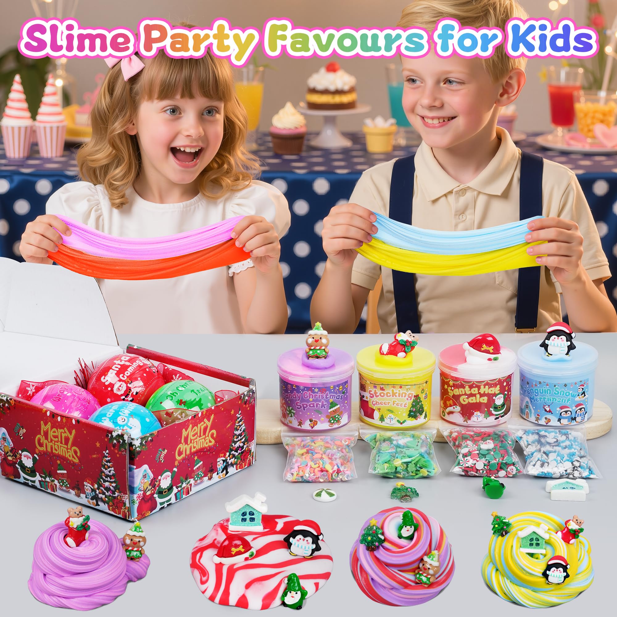 Okaybee 4 Pack Christmas Slime Balls with Charms - Holiday Themed Slime Kit for Kids Ages 4-12
