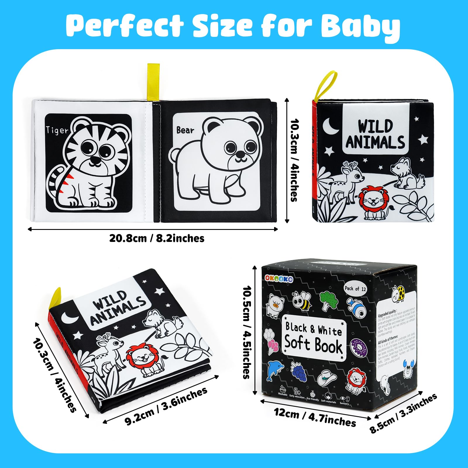 OKOOKO 12-Pack High Contrast Soft Baby Books – Crinkle Cloth Bath Books for Newborns and Infants