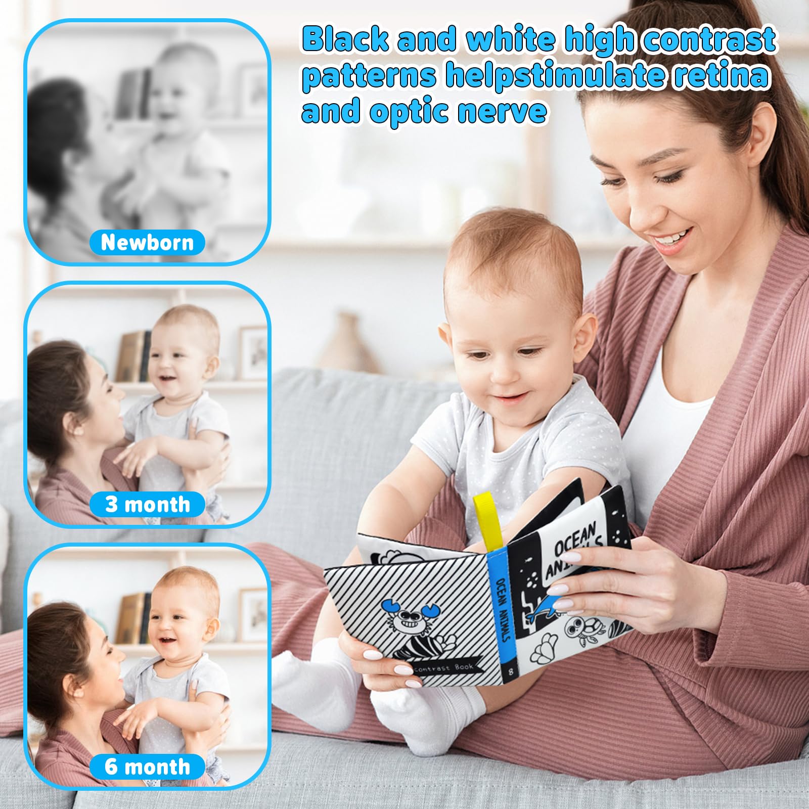OKOOKO 12-Pack High Contrast Soft Baby Books – Crinkle Cloth Bath Books for Newborns and Infants