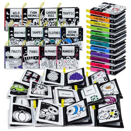 OKOOKO 12-Pack High Contrast Soft Baby Books – Crinkle Cloth Bath Books for Newborns and Infants