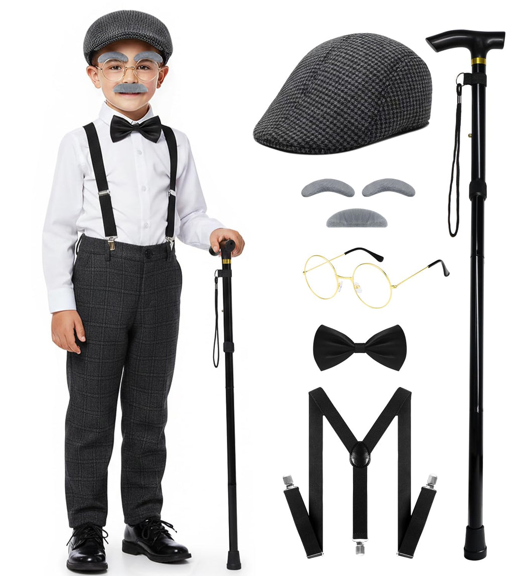 Old Man Costume for Kids – 100 Days of School Set with Hat, Glasses, Suspenders & Cane