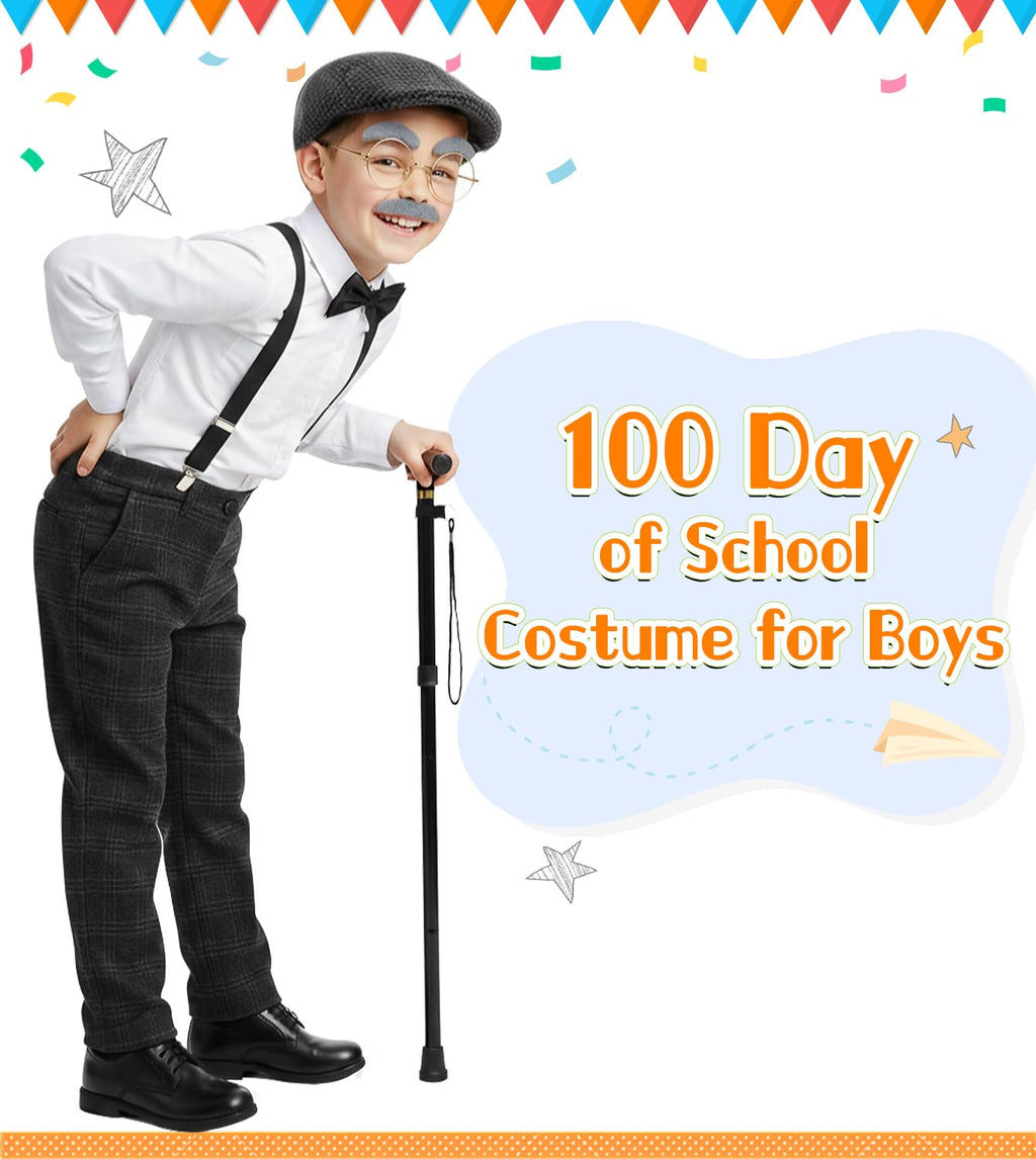 Old Man Costume for Kids – 100 Days of School Set with Hat, Glasses, Suspenders & Cane