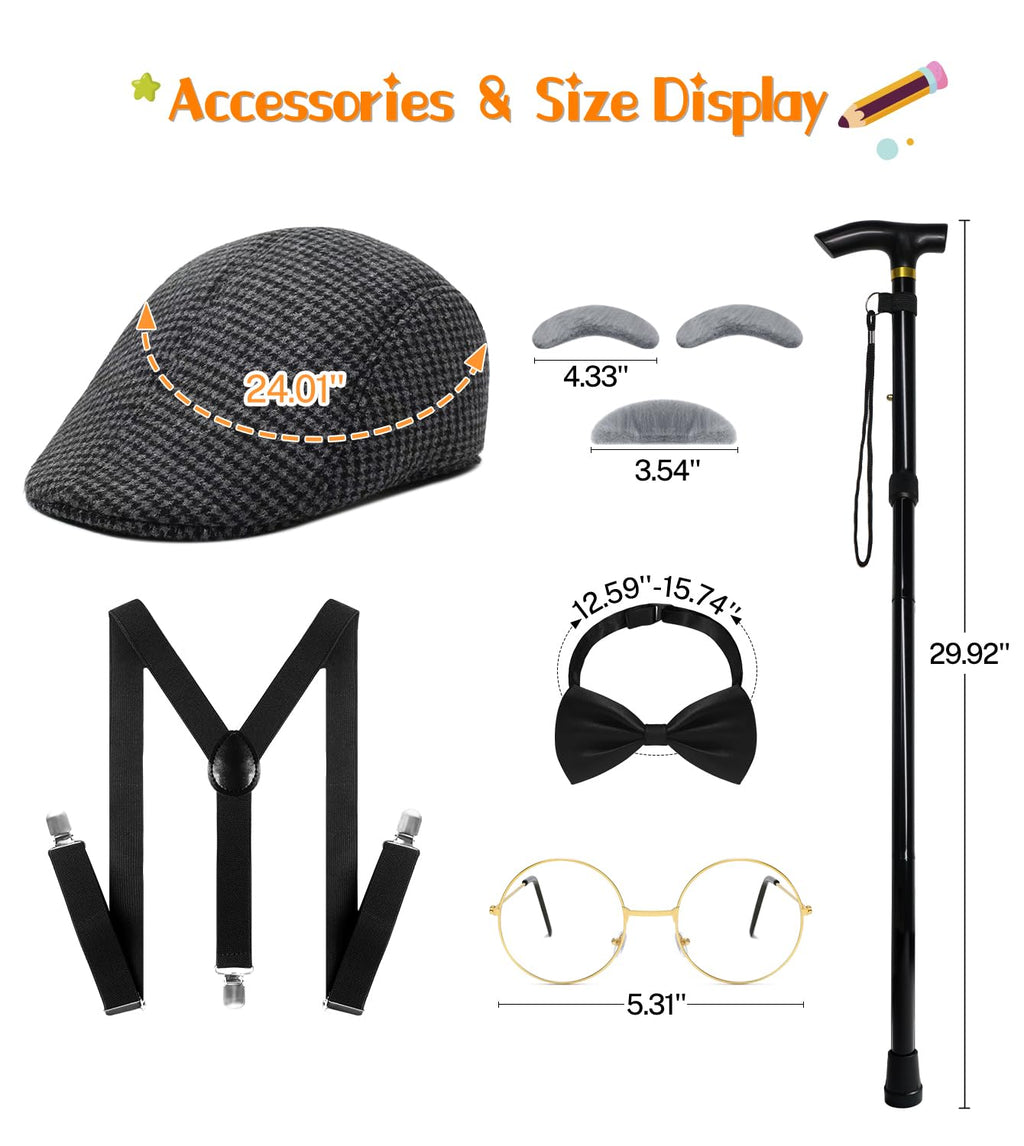 Old Man Costume for Kids – 100 Days of School Set with Hat, Glasses, Suspenders & Cane