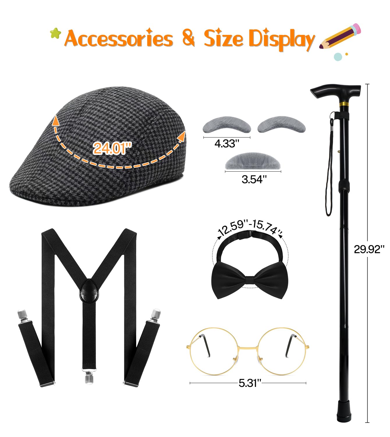 Old Man Costume for Kids – 100 Days of School Set with Hat, Glasses, Suspenders & Cane