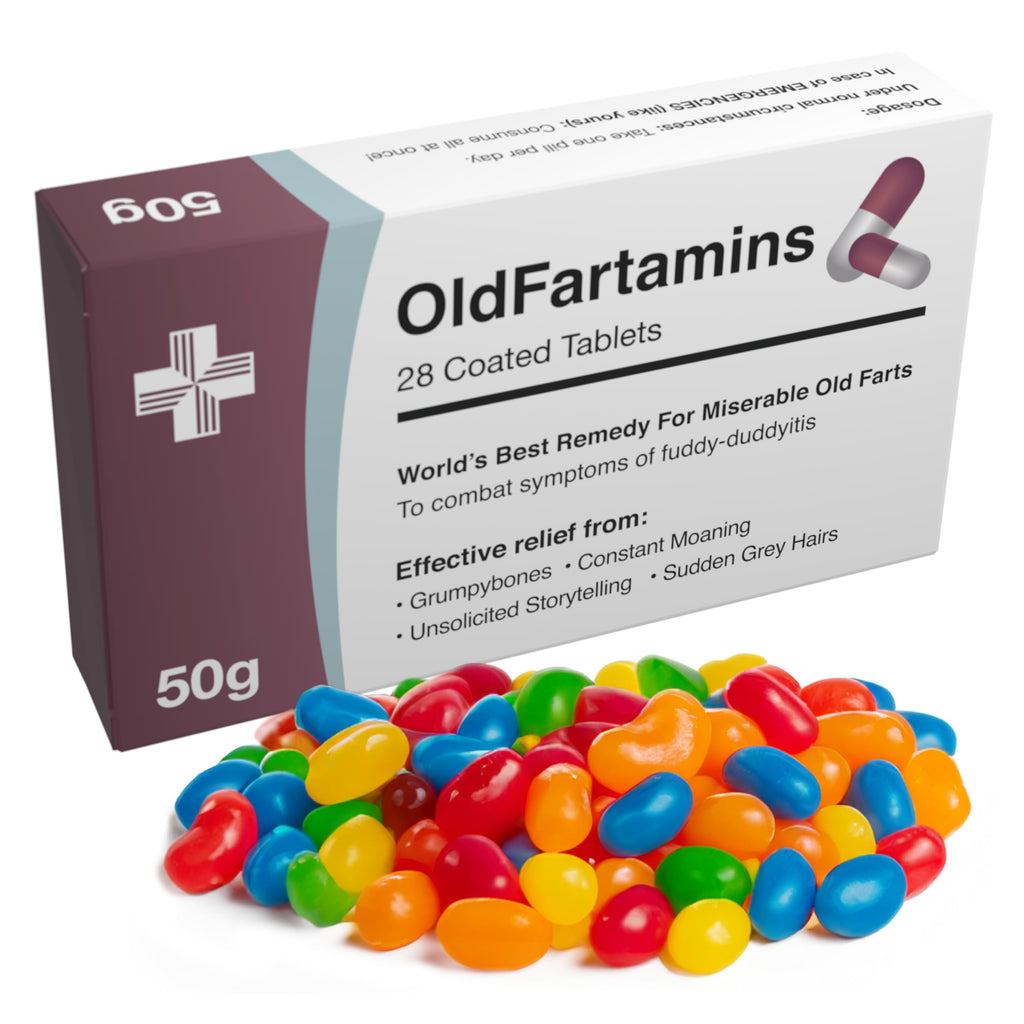 OldFartamins Funny Prank Pill Box with Candy – Gag Gift for Men & Women, 30th-70th Birthday