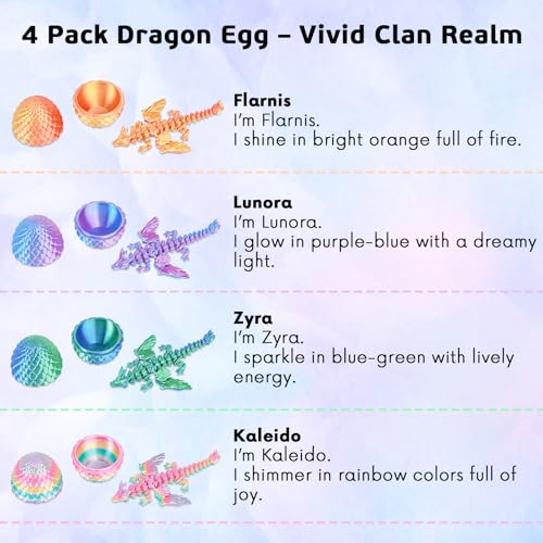 Olee Odee 4-Pack Dragon Eggs with Mini Articulated Dragons - 3D Printed Surprise Toys for Kids
