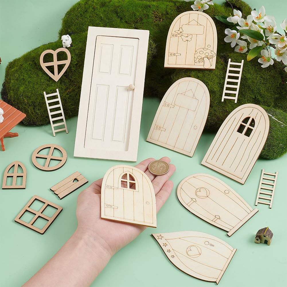 OLYCRAFT Miniature Wooden Door and Window Set - 23 Pieces for Dollhouse DIY